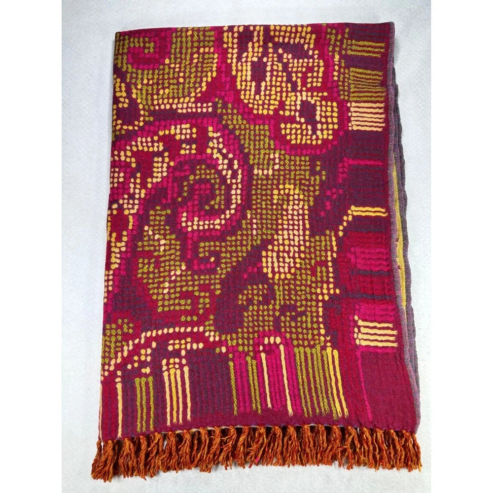 Shingora Home 100% Wool Throw Blanket Reversible Paisley Fringe Pink Gold India